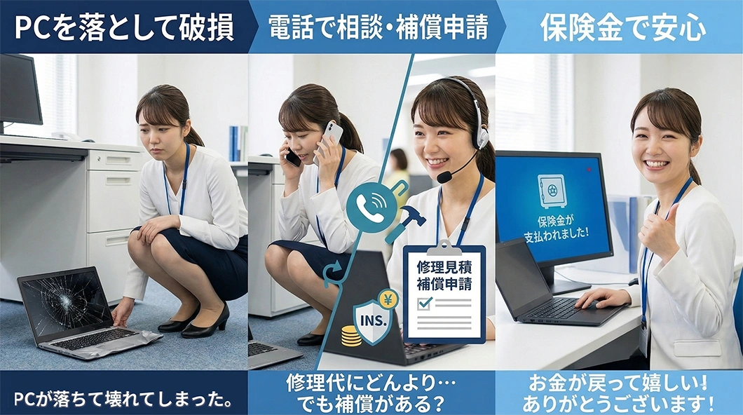 PC破損→電話相談・補償申請→保険金で安心
